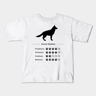 German Shepherd Stats - Friendliness, Floofyness, Foodiness, Borkiness Kids T-Shirt